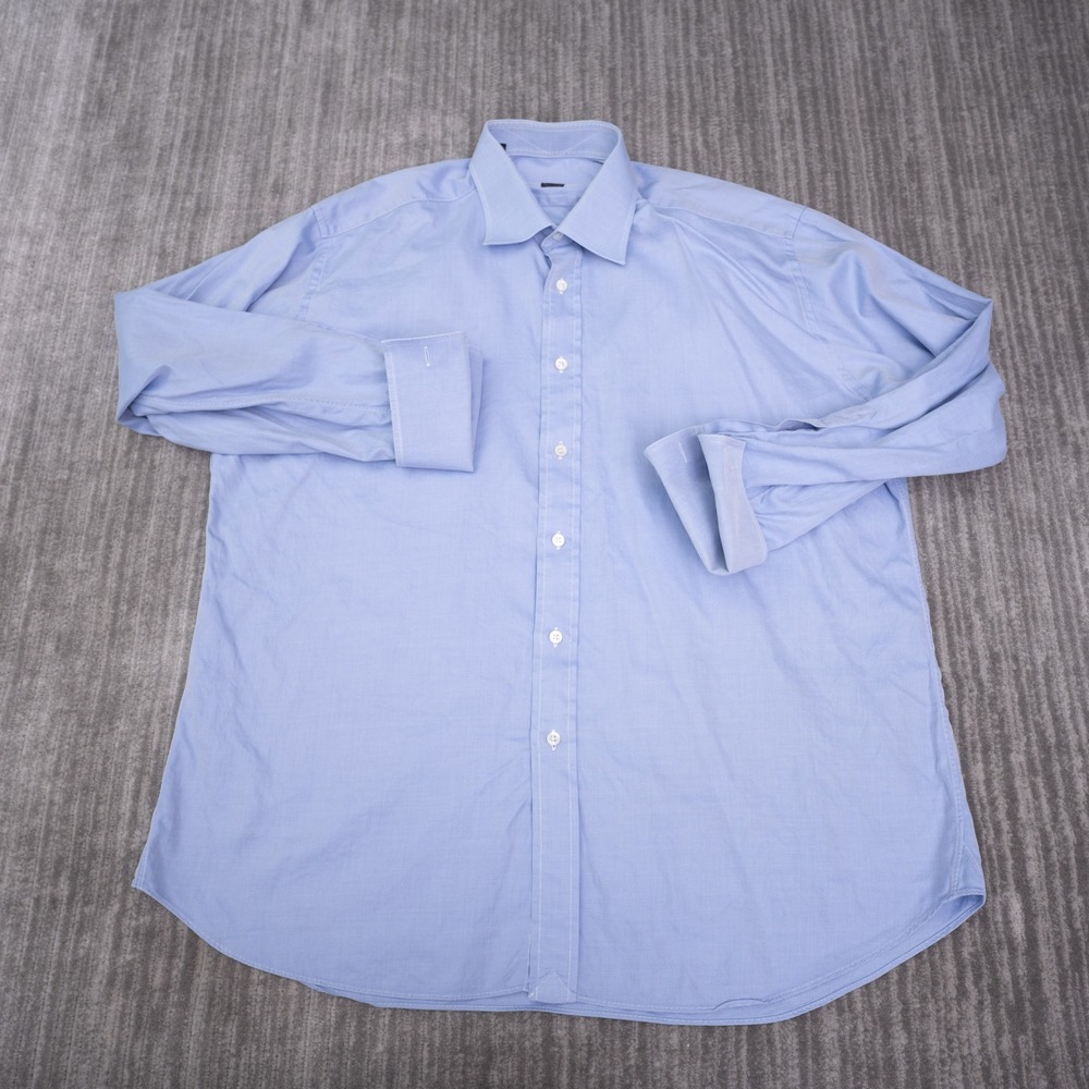 Ike Behar Dress Shirt Mens 17-35 Blue Excellent French Cuff Cotton Twill